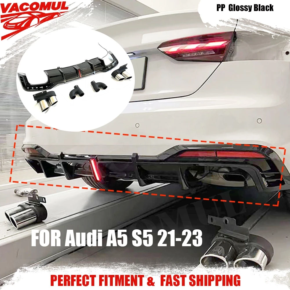 

Для Audi A5 S5 21-23 глянцевый черный автомобильный диффузор заднего бампера с серебряным выхлопным наконечником со светодиодными комплектами кузова