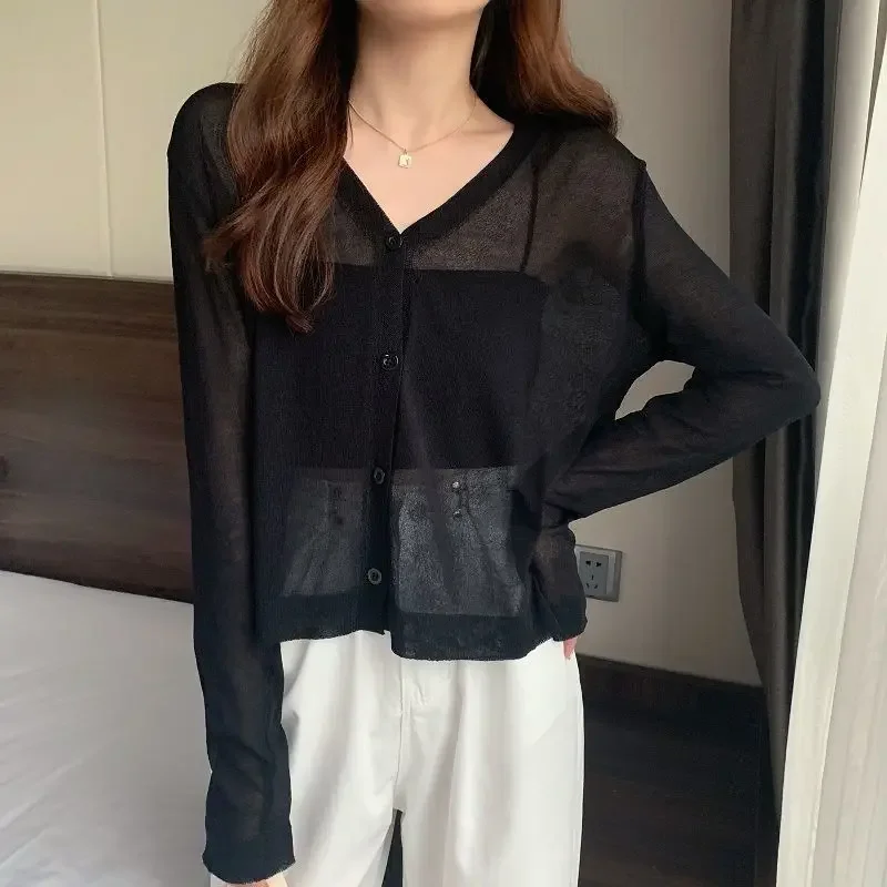 Outside the Ice Silk Knitted Cardigan Women Summer Thin V-neck Short Shawl Air-conditioning Jacket Top