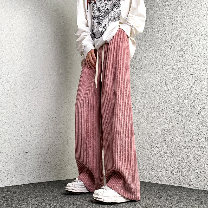 Corduroy Pants Men\'s Straight Pants Solid Color Drawstring Unisex Wide Leg Oversized Trousers Casual Japanese Style Male Pants