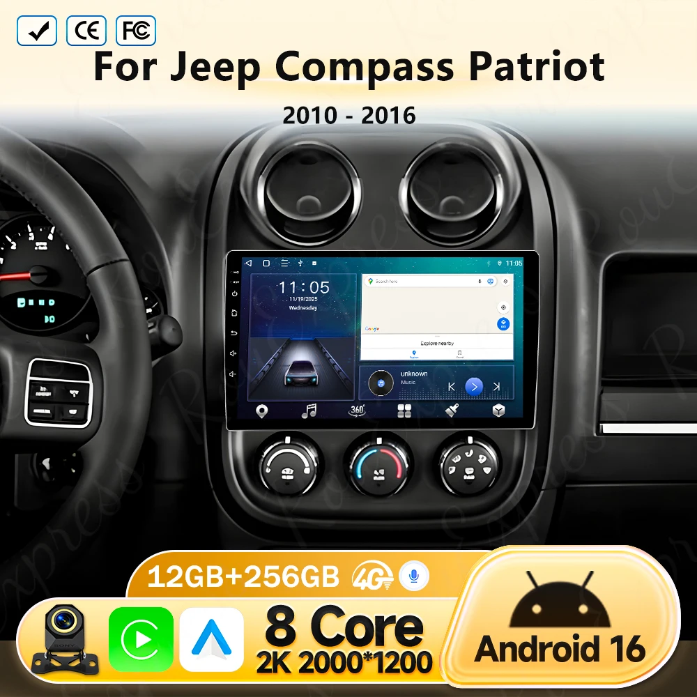 

Android 16 video Player Car Radio For Jeep Compass Patriot 2010 - 2016 Autoradio Stereo 2 Din GPS Navigation Carplay DSP WIFI 4G