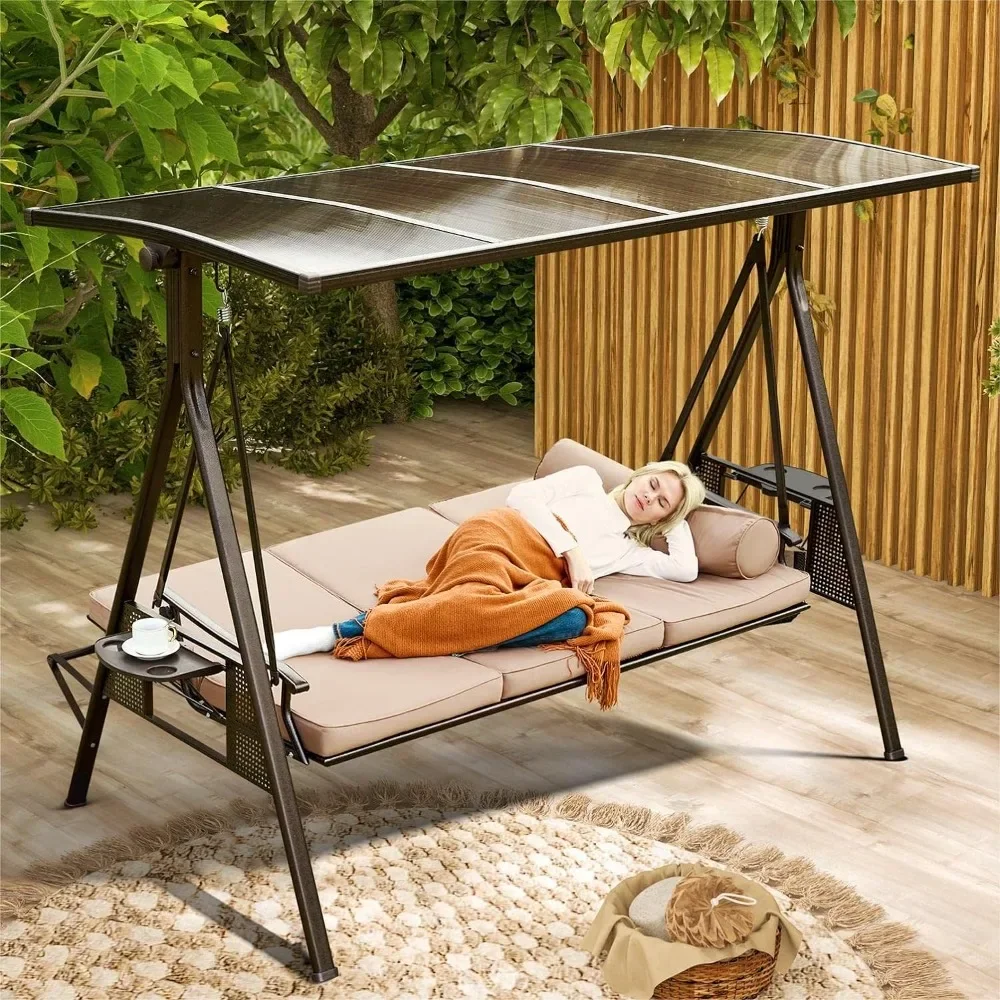 

Swing Sets for Backyard, 3 Seat and 2 Side Cup Holder, Convertible Backrest Swing Bed with Cushion, 2 Pillows, Outdoor Swing