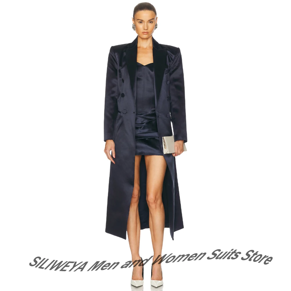 

Longline Navy Satin Trench Coat for Women Chic Double-Breasted Long Jacket+Pants Two Piece Set Formal Evening Overcoat