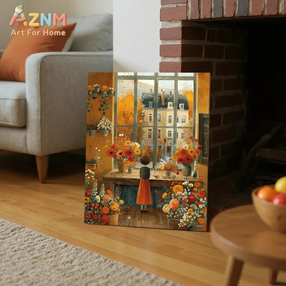 AZNM Autumn Small Town Canvas Wall Art, Warm Fall Village Street Scenery Illustration Print, Cozy Harvest Season Landscape Poste