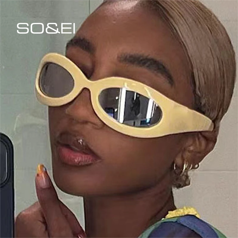 SO&EI Vintage Luxury Punk Sports Women Sunglasses Fashion Y2K Cat Eye Mirror Goggle Brand Designer Men Sun Glasses Shades UV400