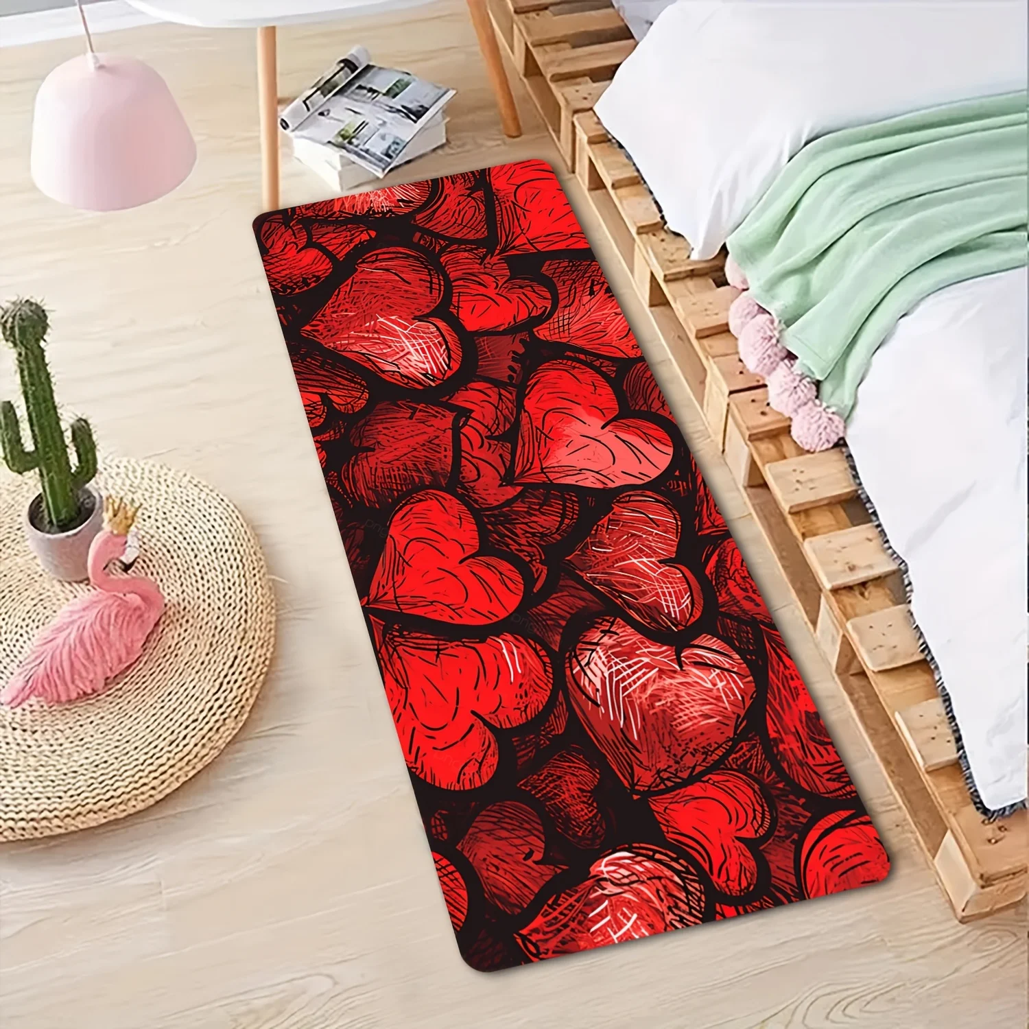 Romantic Hand Sketch Red Heart Black Base Long Floor Runner Rug, Non-Slip Mat for Bedroom Entryway Bathroom Sweet Valentine Love