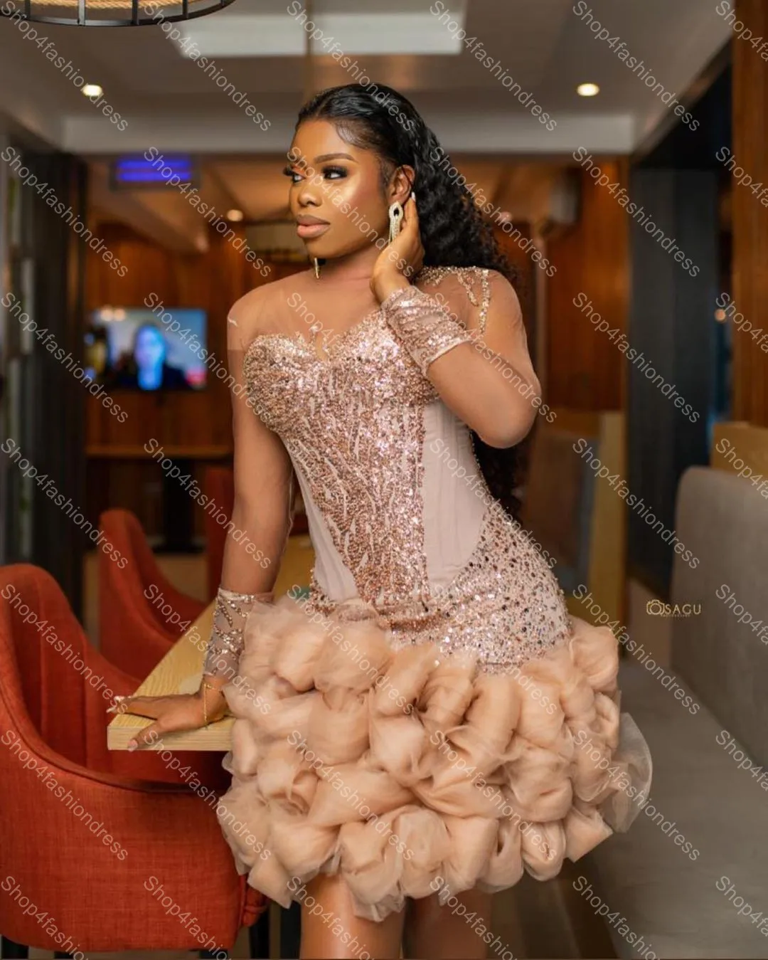 Glitter Champagne Sequins Tulle Mini Africa Cocktail Dress See Thru Illusion Ruffles Mesh Short Formal Party Gowns Aso Ebi Prom