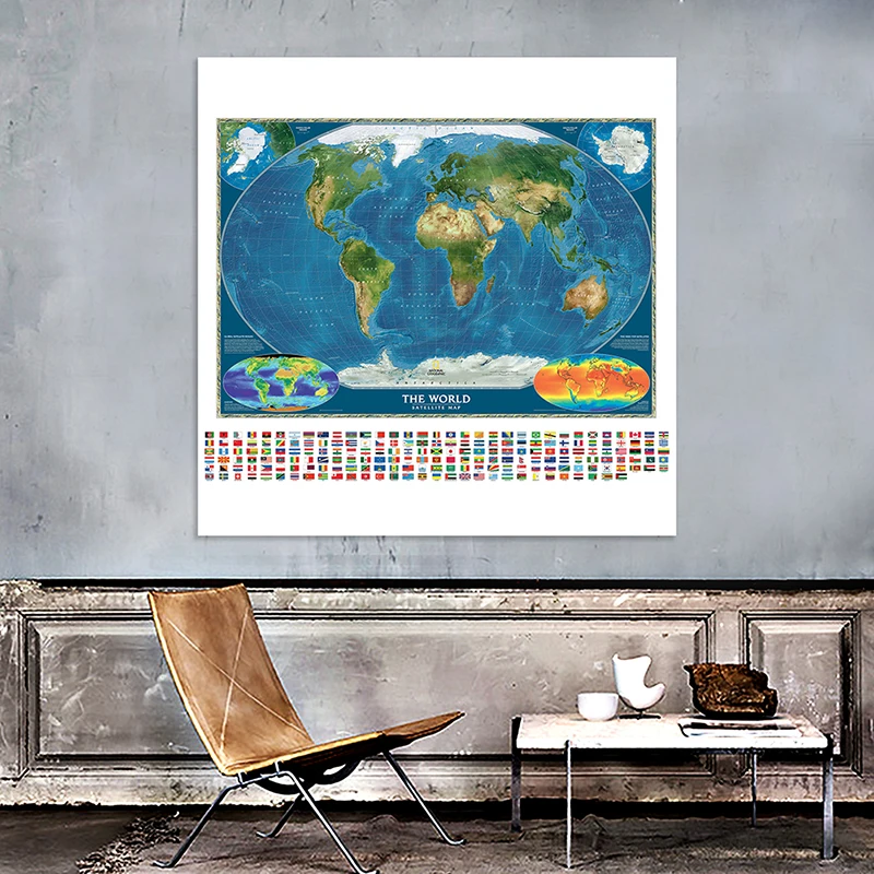 150X150cm Non-woven Spray World Map The World Satellite Map with Country Flag and Surface Temperature Map