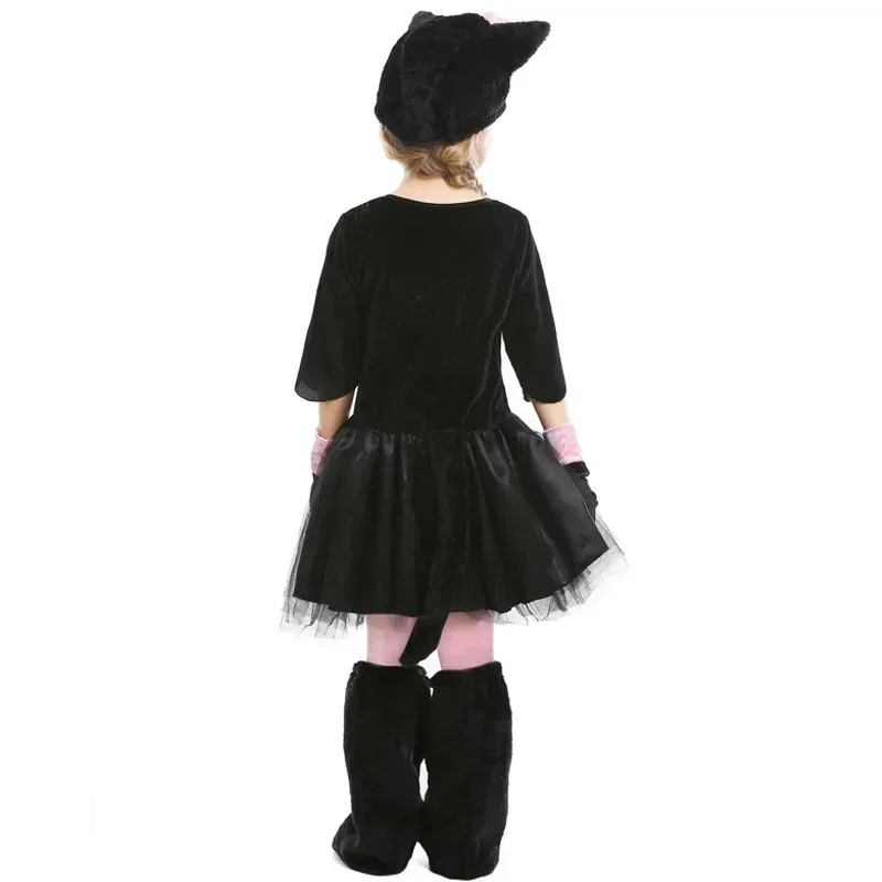 Cute Child Kids Girls Miss Kitty Costume for Teen Girl Pink Black Cat Dress Suit Halloween Carnival Party Mardi Gras Cosplay
