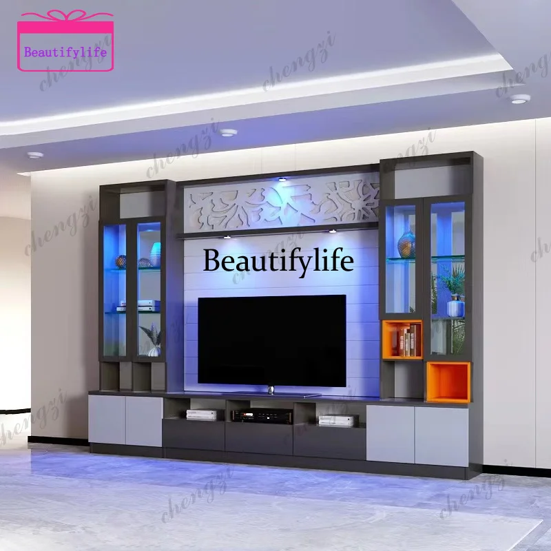 Modern Luxury Wooden Light Emitting Diode Living Room TV Cabinet Wine Rack Display Home Furniture Wall Unit Solid Wood