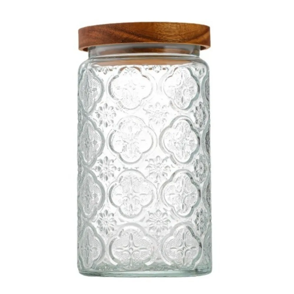 

1000ML Storage Bottles Jars with Wooden Lid Glass Food Storage Containers Embossed Pattern Begonia Airtight Canister Tea Coffee