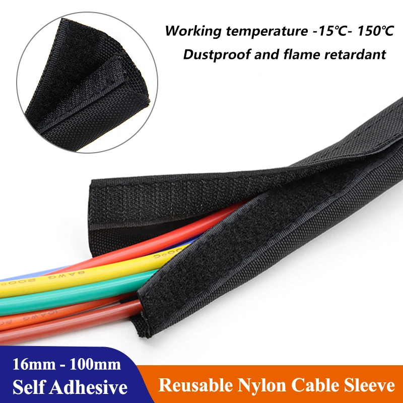 

1/5/10m Black Self adhesive Cable Sleeve 16mm - 100mm PET Braided Reusable Nylon Harness Sheath Management Wire Wrap Protection