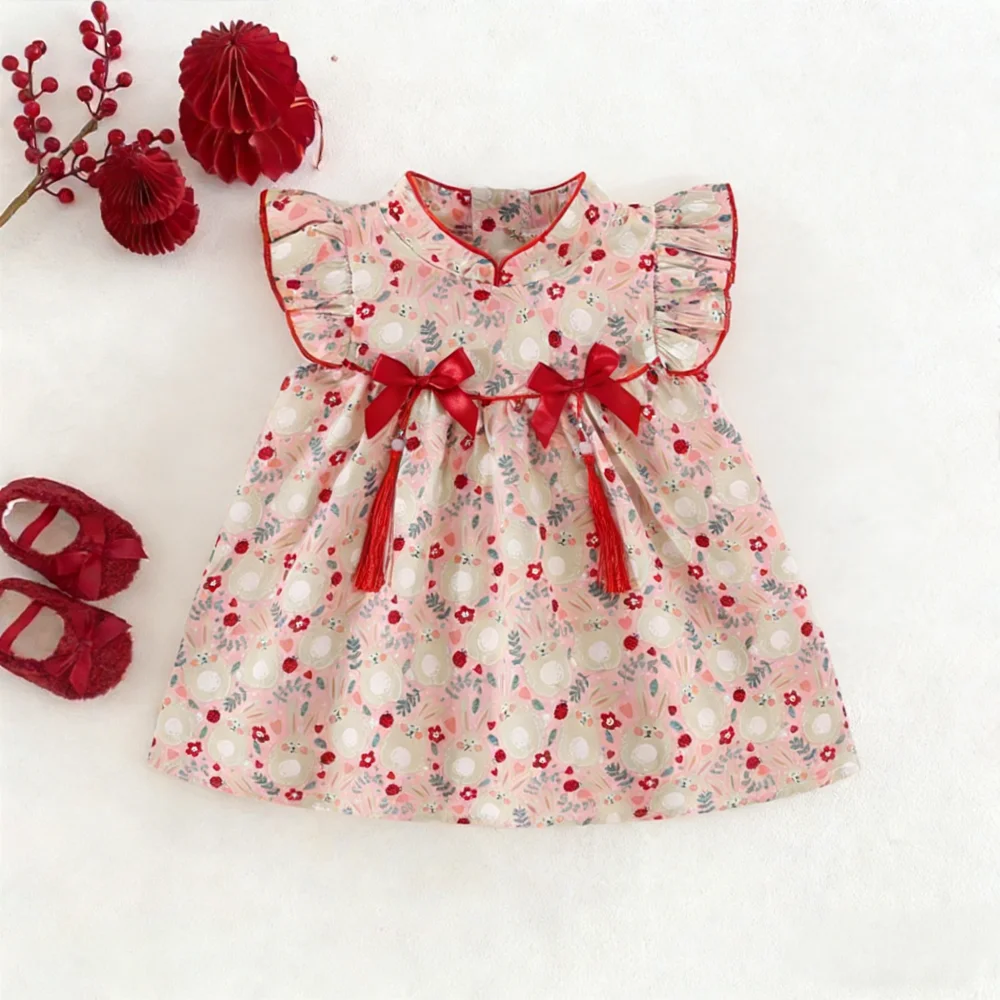 

Платья для маленьких девочек, летние милые детские платья Ципао в китайском стиле с героями мультфильмов, очаровательные новогодние платья Hanfu для девочек, одежда для маленьких девочек