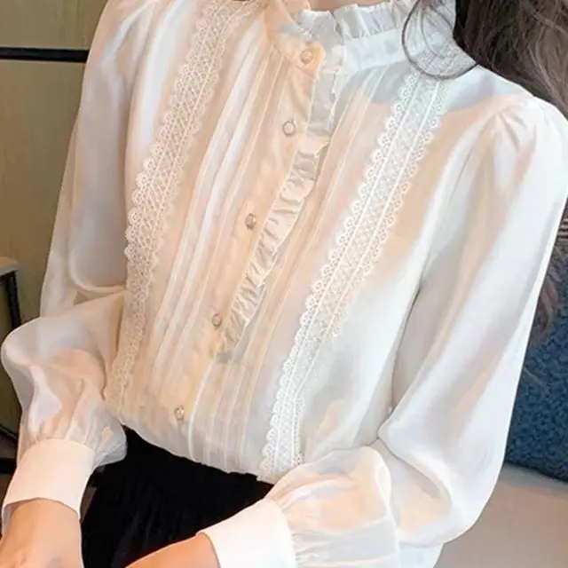 

White fungus edge Long sleeved Stand collar Shirt For women 2026 Spring Autumn New Fashion Unique style Slim Temperament Top