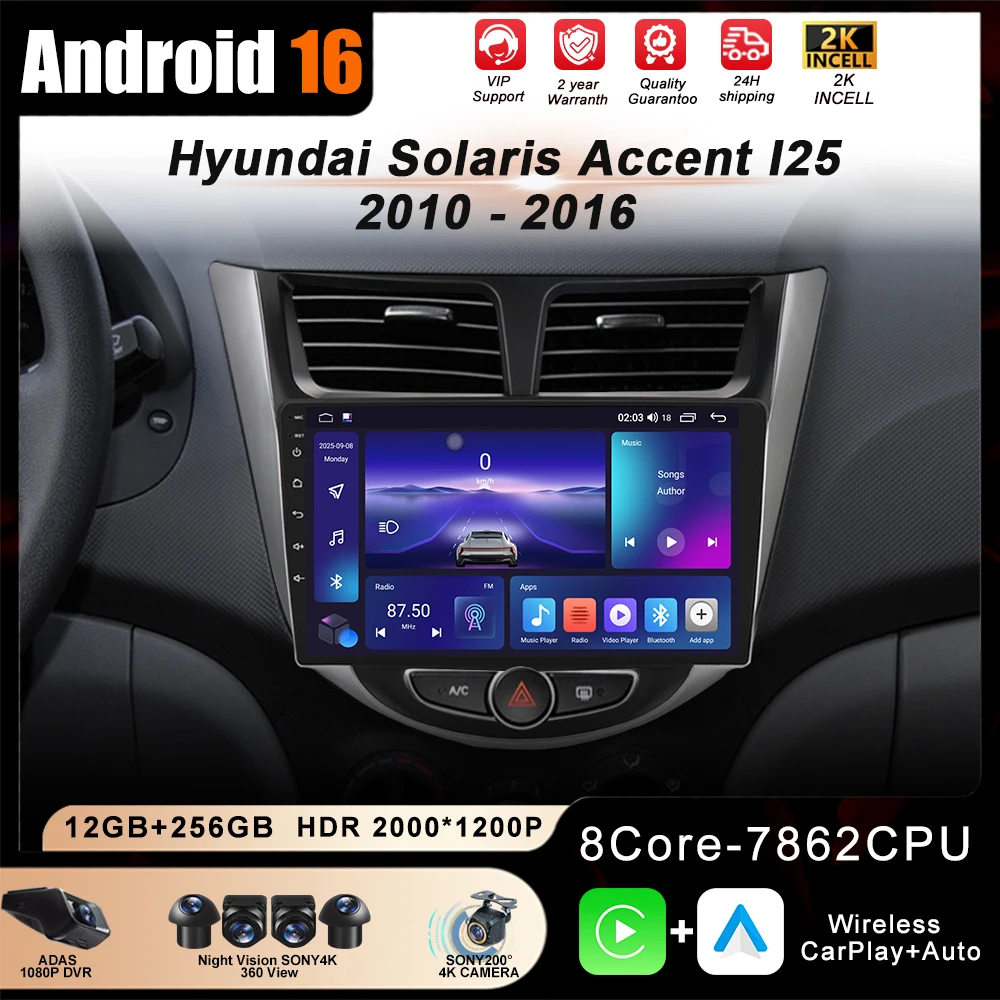 

Android 16 Car Radio Player For Hyundai Solaris Accent I25 2010 - 2016 GPS Navigation Carplay Autoradio Bluetooth 4G Wifi RDS