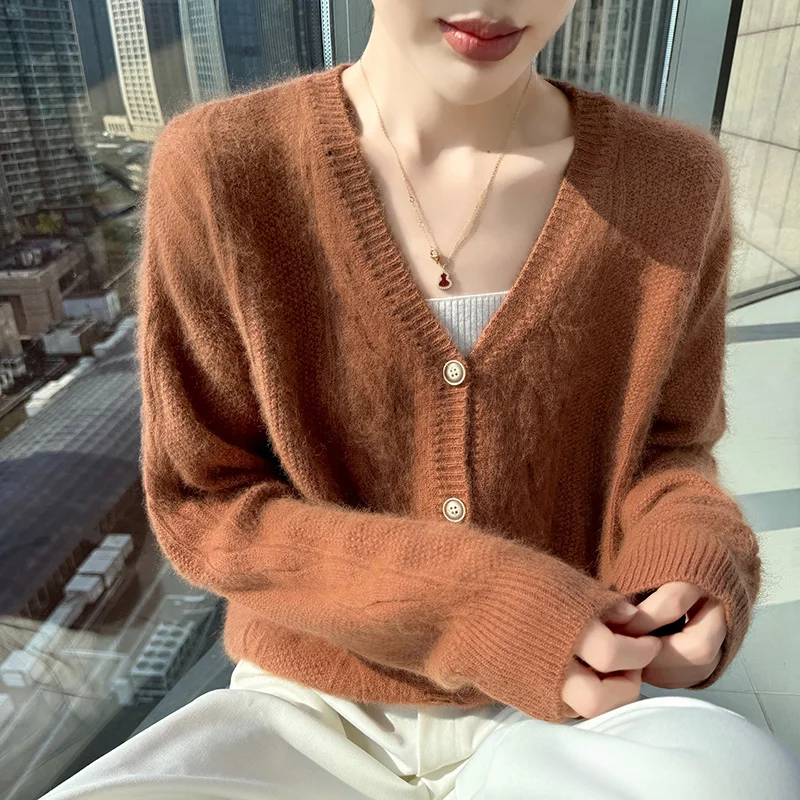 秋冬 Vネック ジャカード ミンクウール ニット カーディガン レディース ジャケット 無地 ボトム アウター ジャケット セーター