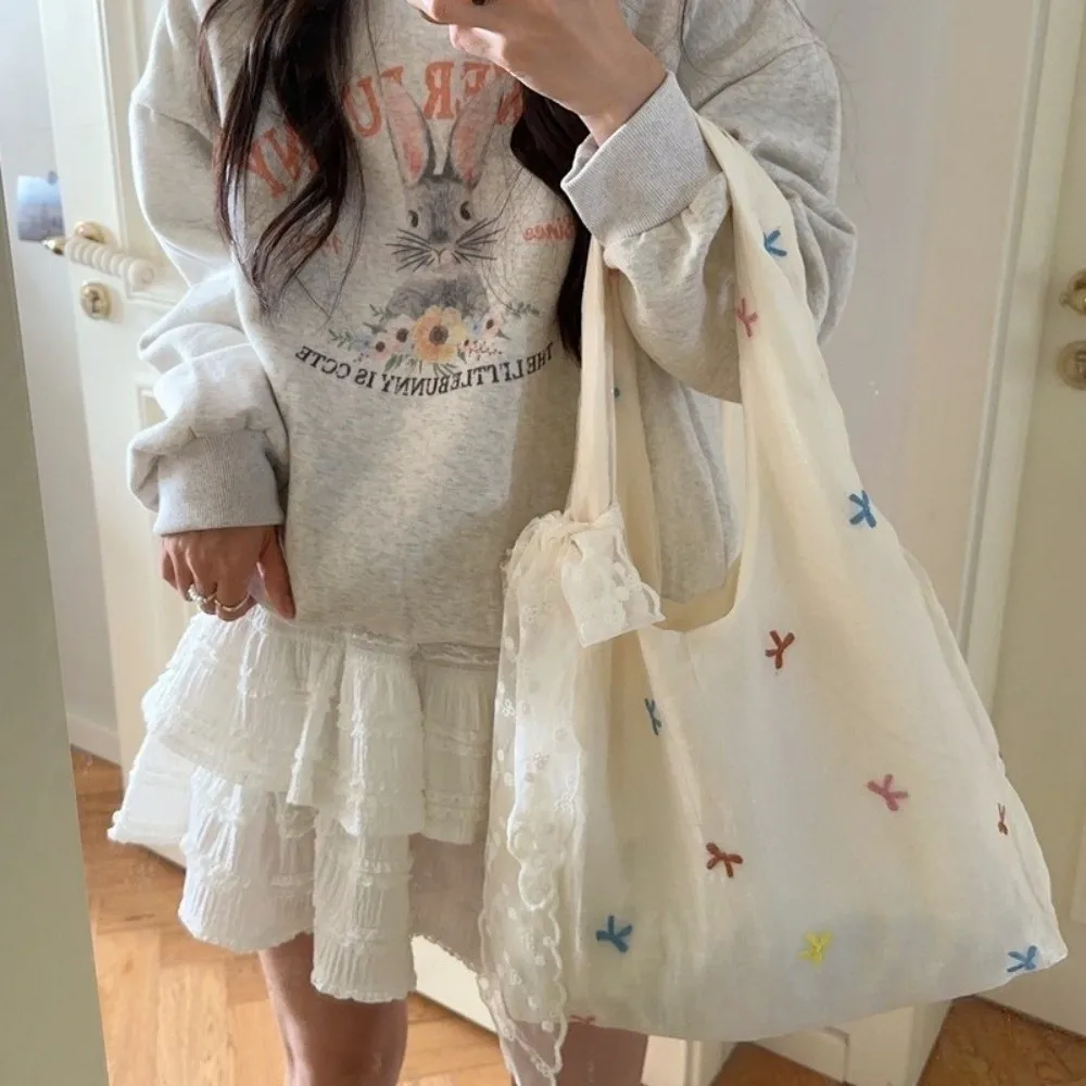 

Sweet Embroidered Bow Tote Bag Solid Color Chiffon Cherry Shoulder Bag Large Capacity Korean Style Canvas Underarm Bag Summer