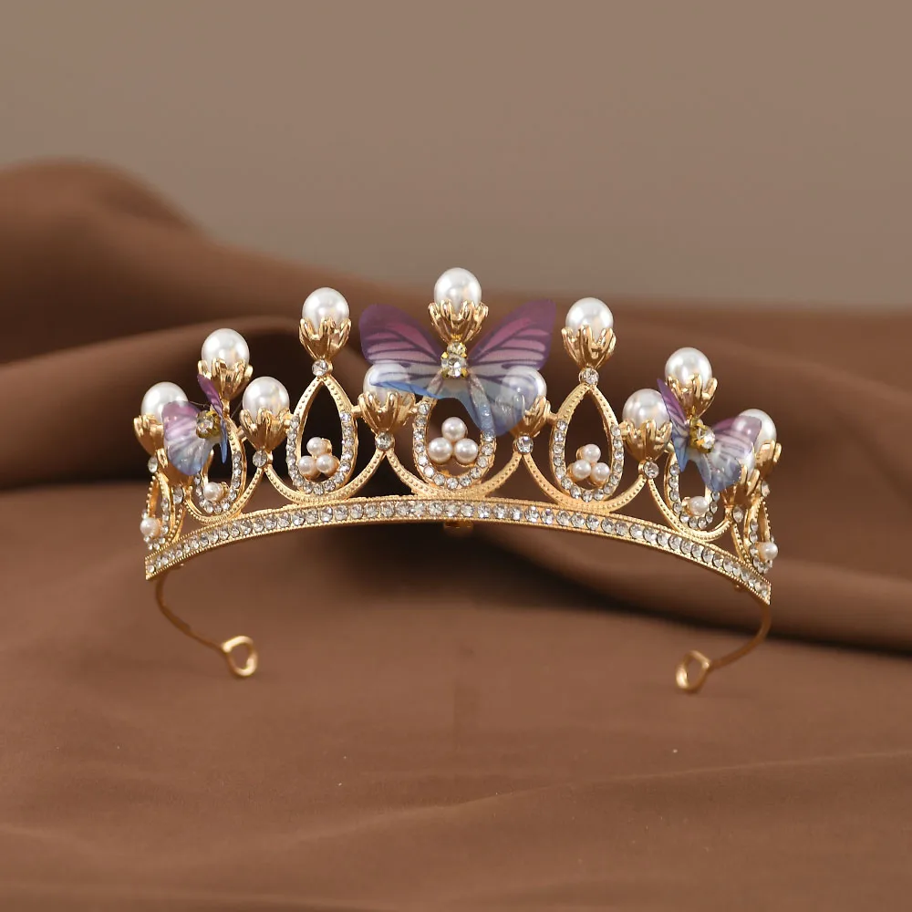 Butterfly Pearl Handmade Crown Crystal Tiaras for Princess Queen Girls Birthday Party Gift Performance Wedding