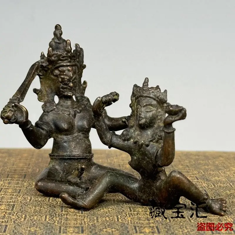 Antique Old Tibetan Nepalese Copper Buddha Statue Pair Excavated Old Patina Yab-Yum Buddha Zinc Alloy for Collection