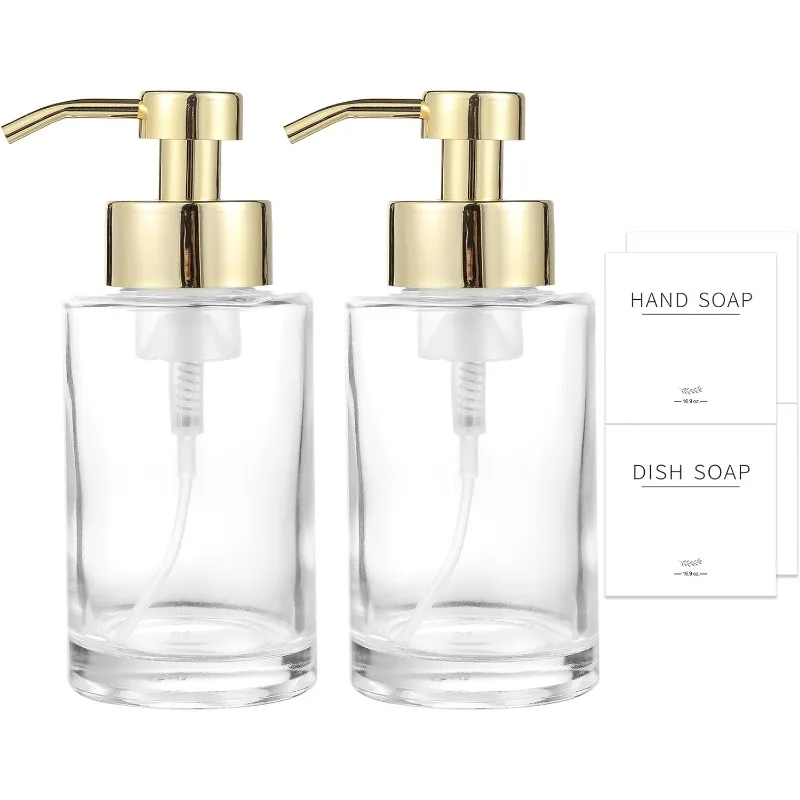 17 Oz Clear Glass Hand Soap Dispenser with Gold 304 Rust Proof Stainless Steel Pump, Waterproof Labels，2 Pack