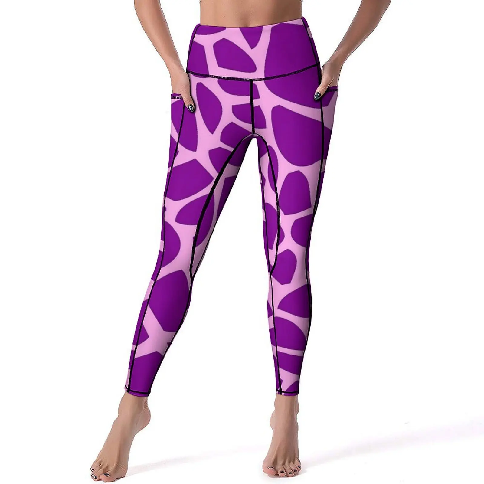 Giraffe Print Yoga Pants Pockets Pink and Purple Leggings Sexy High Waist Cute Yoga Sports Tights Quick-Dry Graphic Gym Leggins