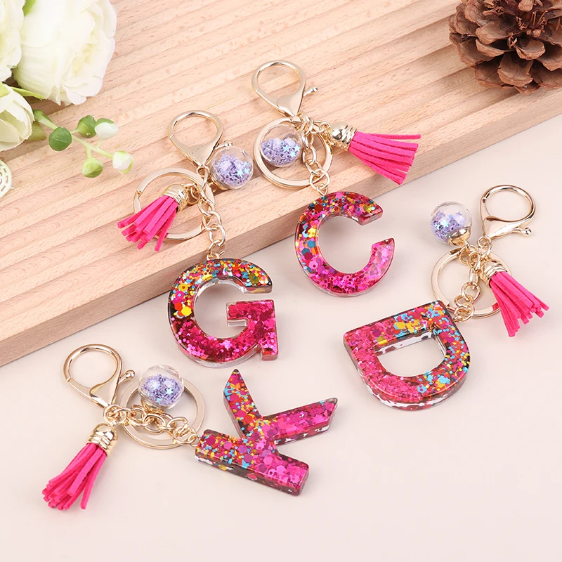 Fashion Tassel Star Ball 26Letters Keychain Colorful Sequins Resin Key Ring For Women Girls Car Handbag Phone Case Pendant Gifts