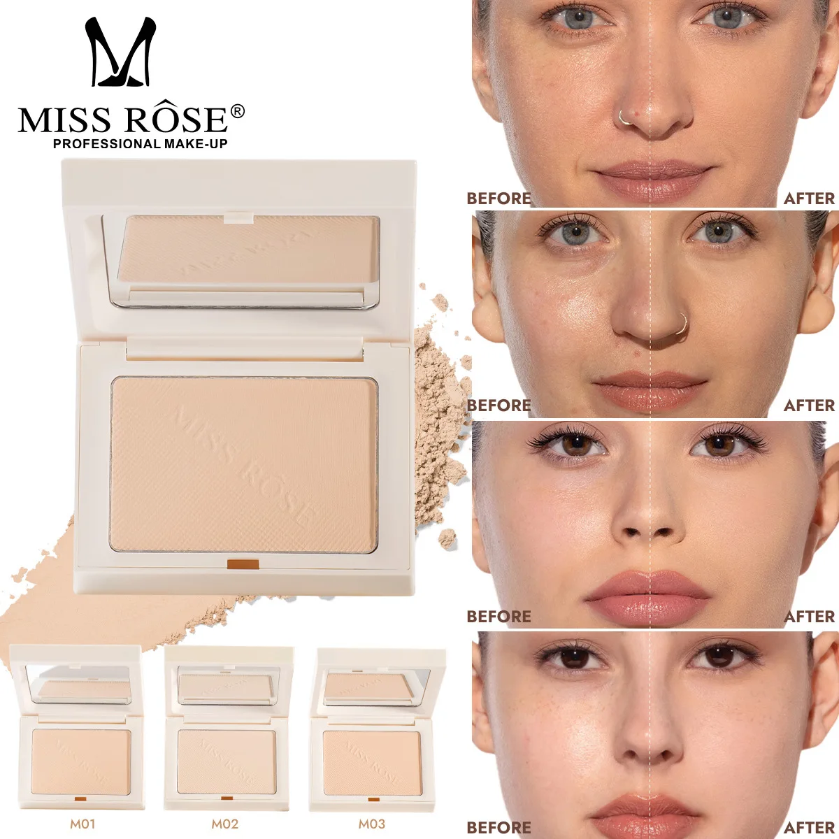 MISS ROSE Square Setting Powder, Natural Long Lasting Makeup, Concealer Lightweight Oil Control Matte Face Cosmetic Compact