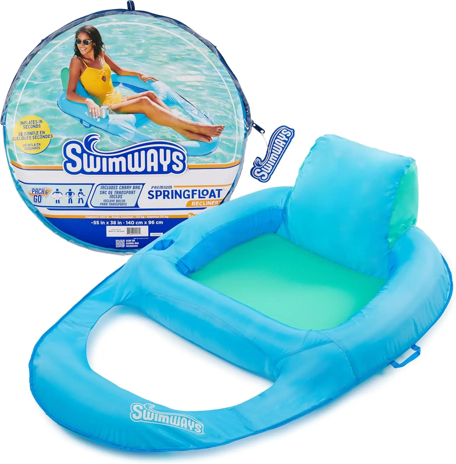 Premium Recliner Pool Lounger, Fast Inflation Inflatable Float for Adults Ages 15 & Up in Sky Blue