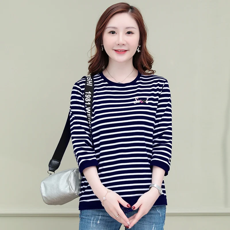 

AliExpress 2025 spring and summer new large-size middle-aged mother's 7-quarter sleeve T-shirt Korean loose striped slim top