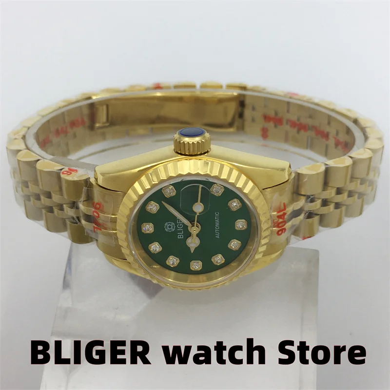 LIGER Mới Sang Trọng 26Mm Nữ Vàng Kim Cương Chỉ Số Xanh Mặt Số Ngày Cửa Sổ Kính Sapphire Nhật Bản NH05 Cơ Khí đồng Hồ Nữ