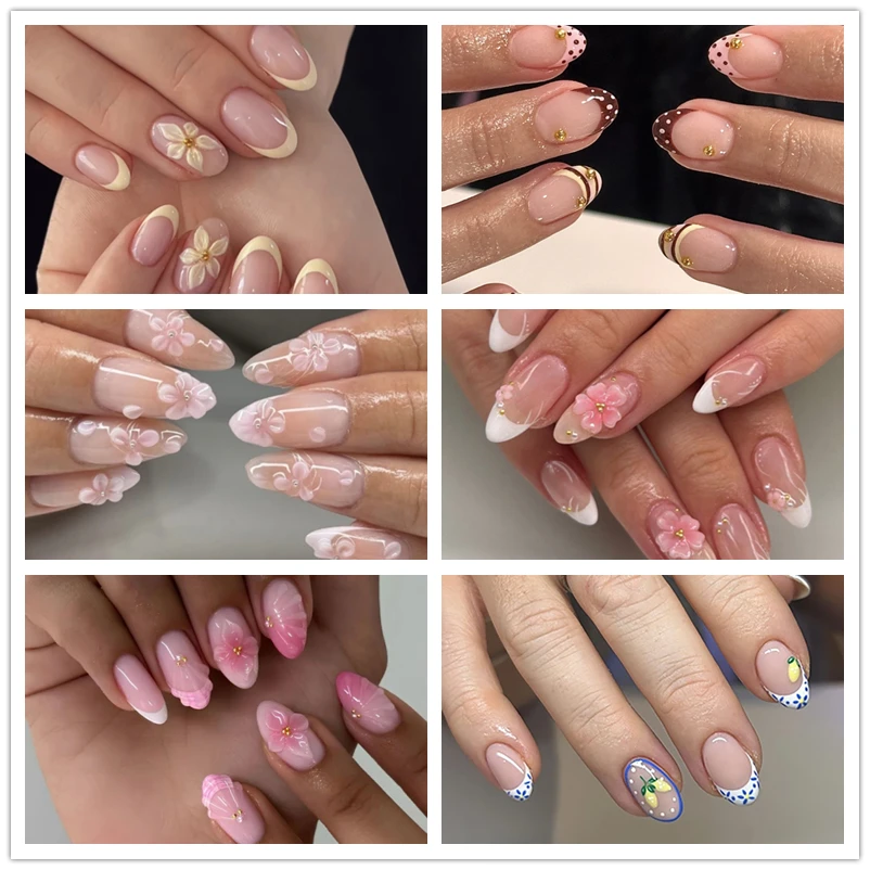 24 Stück kurze, mandelförmige Press-On-Nägel, rosa, floral, französische Spitze, glänzend und elegant, vollflächige künstliche Nägel für Frauen und Mädchen, Frühling, Alltag