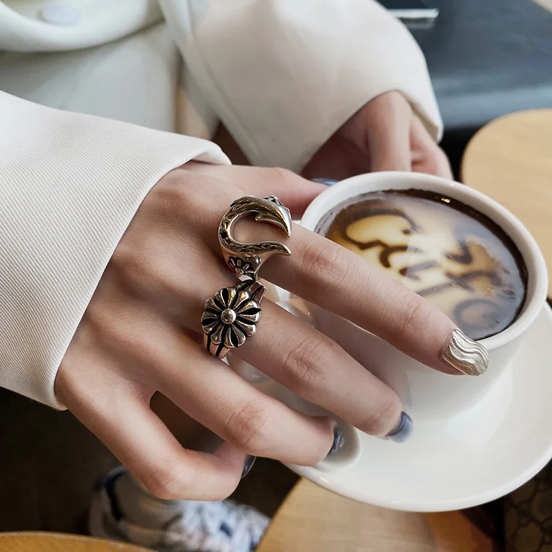 INS stylish retro flower opening adjustable ring lady