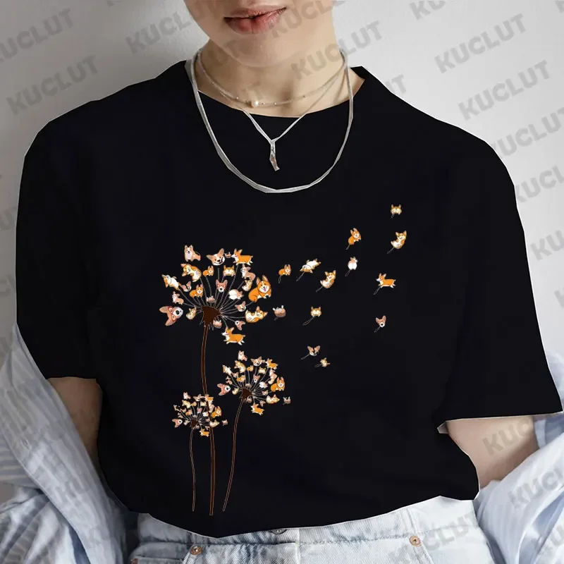 Women Clothing Corgi Flower Fly Dandelion Dog Print T-shirts for Women Clothes Short Sleeve Tshirts Funny Dog T Shirts Clothing