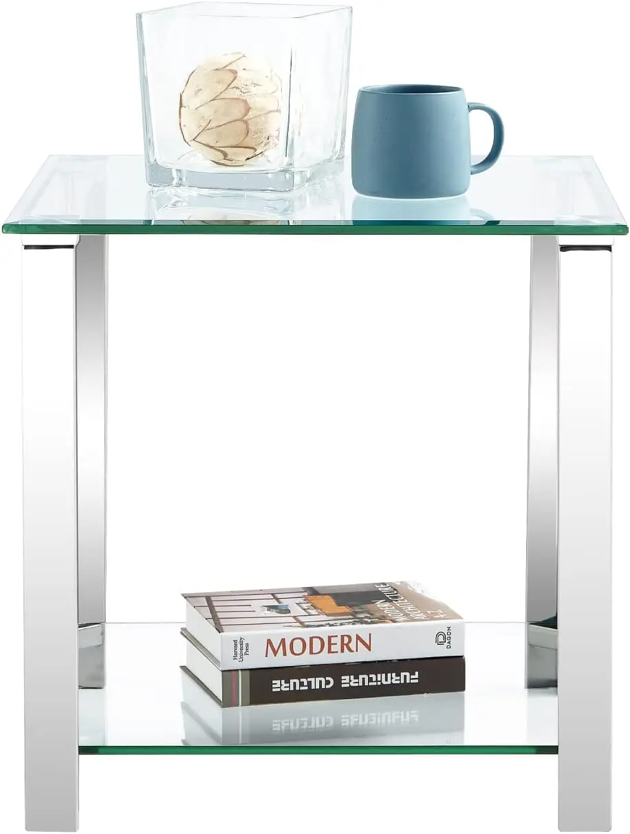Glass End Table,Side Table With 2-Tier Storage,Coffee Table With Stainless Steel Frame,Living Room Table Modern Style For