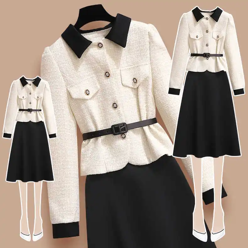 Women Elegant Chic Formal Occasion Suit Belt Jackert Coat Top And A Line Skirt Two Piece Set Outfit Female Winter Autumn Clothes