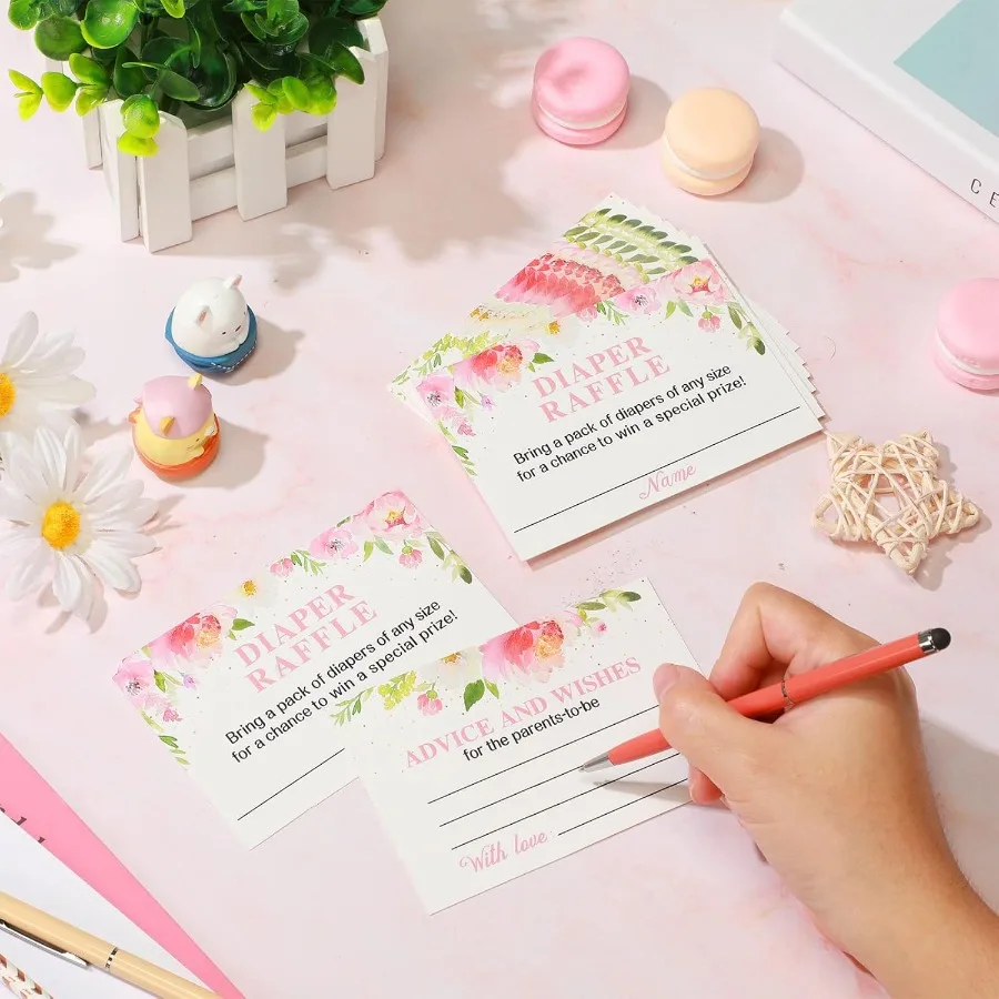 50 Uds. Boletos de rifa de pañales florales con caja de tarjetas de rifa de pañales para decoración de Baby Shower, tarjetas y caja de billetes florales con conservación