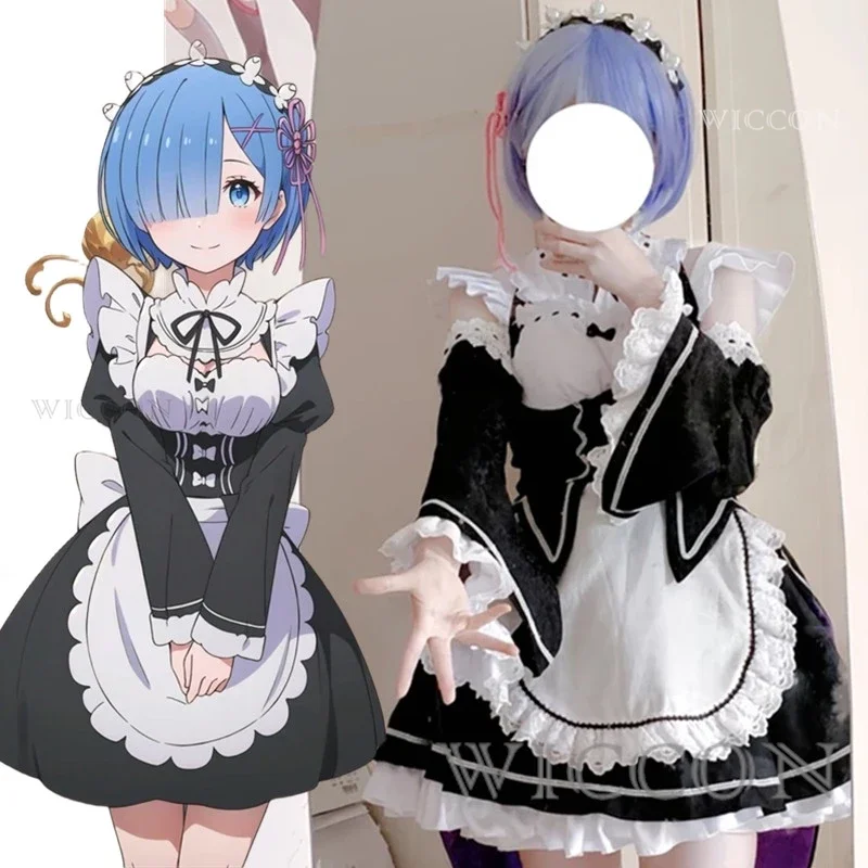 Anime Ram Rem Lolita Maid Cosplay Costumes Dress Re: Zero Kara Hajimeru Isekai Seikatsu Halloween Costumes for Women Loli Dress