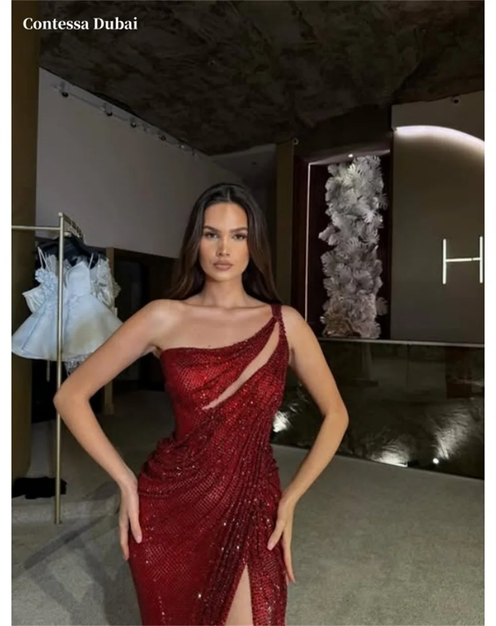 

Contessa Dubai индивидуальное красное платье для выпускного вечера с разрезами по бокам и бриллиантами на одно плечо, платье de noche, вечернее платье длиной до пола, 2025