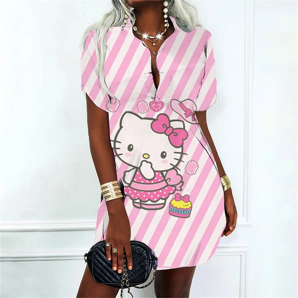 Women\'s Dress Party Dresses Hello Kitty Polo Shirt Kawaii Clothes Lovely Cartoon Prom Gown Streetwear Sexy Costume Women Fashion