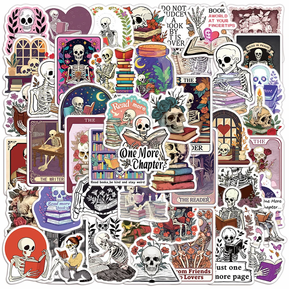 10/30/50pcs Dark Romance Reader Skeleton Bookish Stickers Skull Reading Book Cartoon Decals Notebook Luggage Phone Cool Sticker