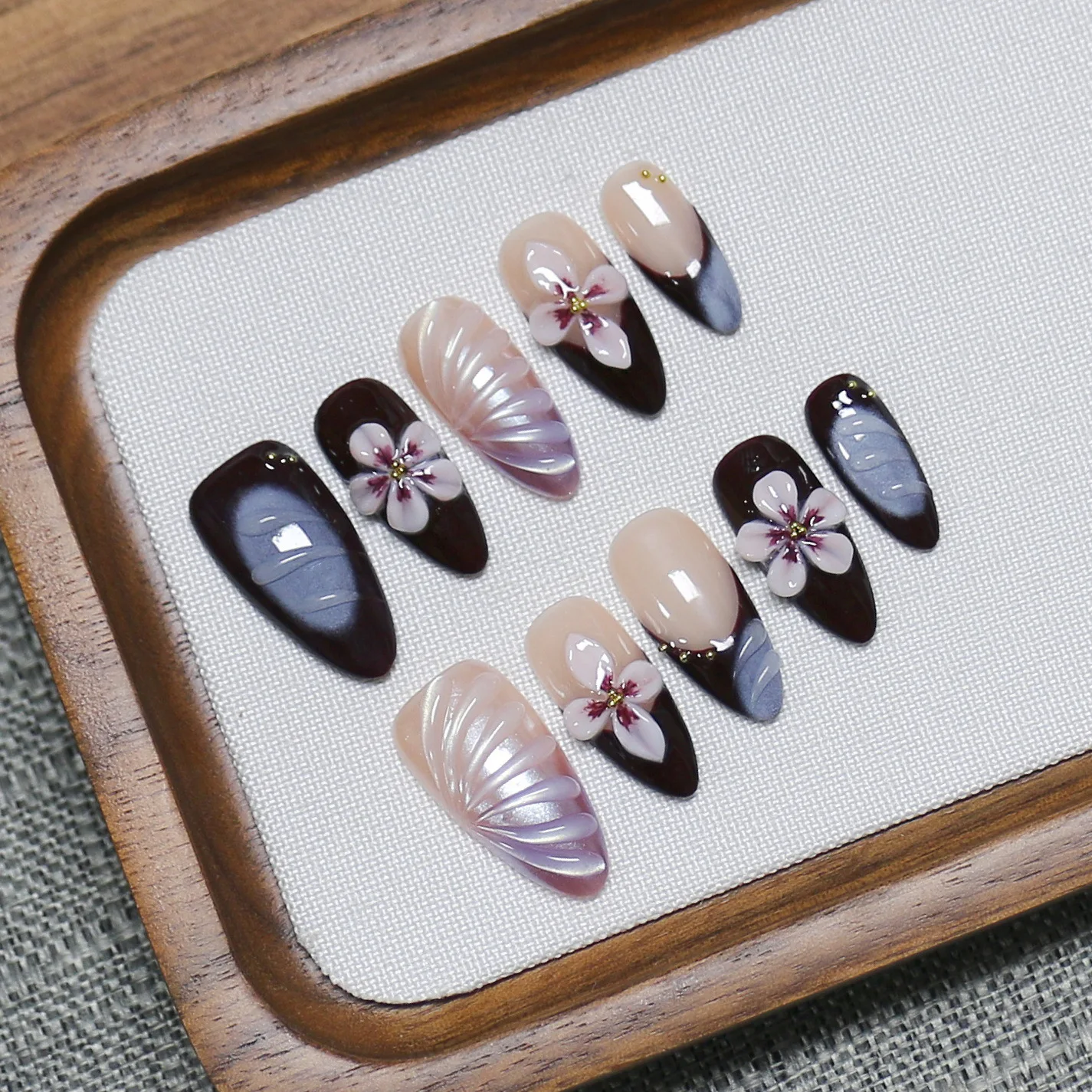 

10 шт., миндалевидный французский пресс для ногтей ручной работы, темный цвет, 3D резьба по цвету, накладные ногти Spice Girls, носимые советы по дизайну ногтей