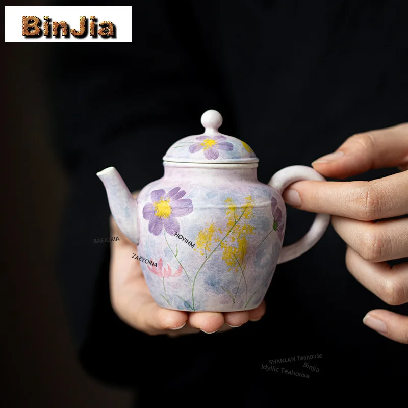 BAEJORIA 135ML Hand-painted Galsang Flower Teapot Handmade Oil Painting Violet Pot Tea Maker Kettle With Ball Hole Filter Craft