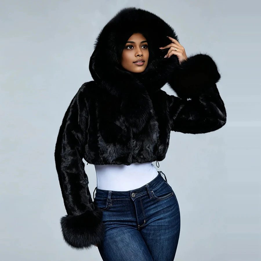 

Crop Mink Bomber Jacket With Hood Black Mink Fur Jacket With Fox Fur Collar Cuffs Bolero Jacket New Short Real Fur Coat Woman