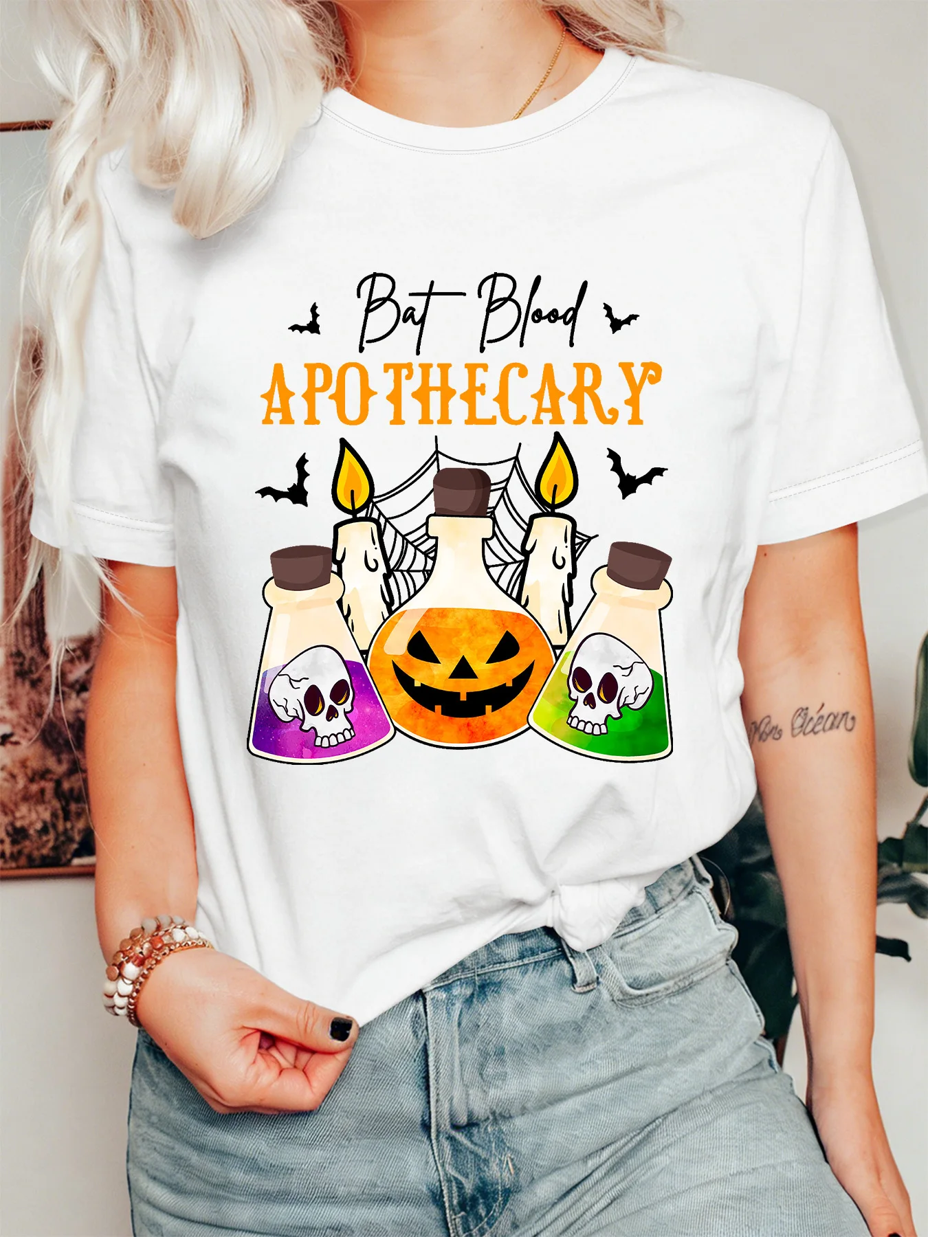 Witch Potion Bottle Womens T Shirt Bat Blood Apothecary Skull Pumpkin Bat Candle Graphic Short Sleeve O Neck Holiday Wear Tops