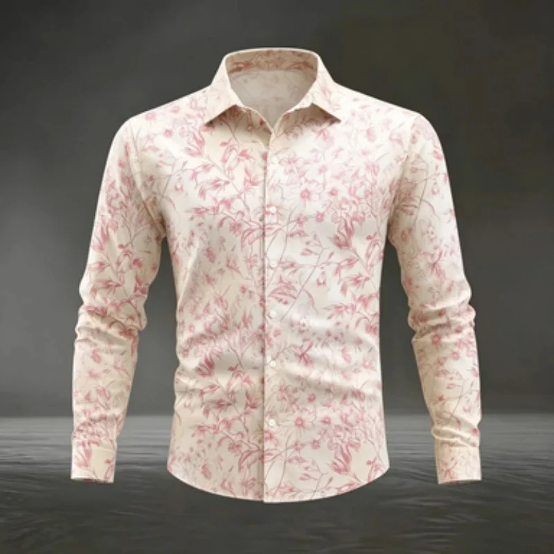 Men's long sleeved 3D shirt, European American casual line drawing floral print lapel shirt, slim fit artistic floral holiday l