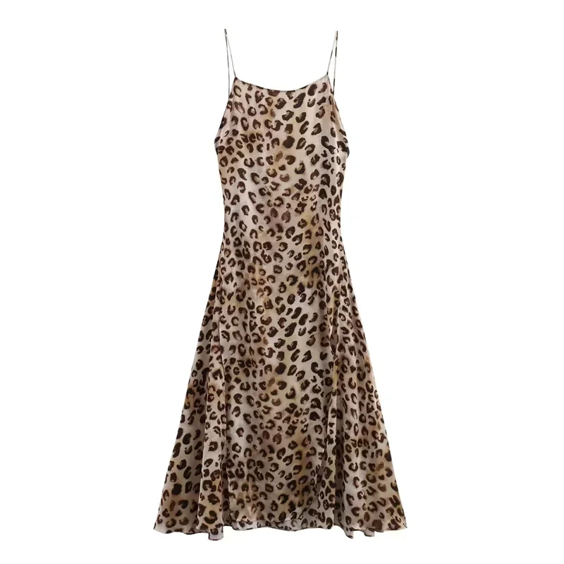 TRAF 2024 Leopard Print Woman Dress Vintage Sleeveless Slip Midi Dress Summer Backless Sexy Night Dress Beach Holiday Dresses