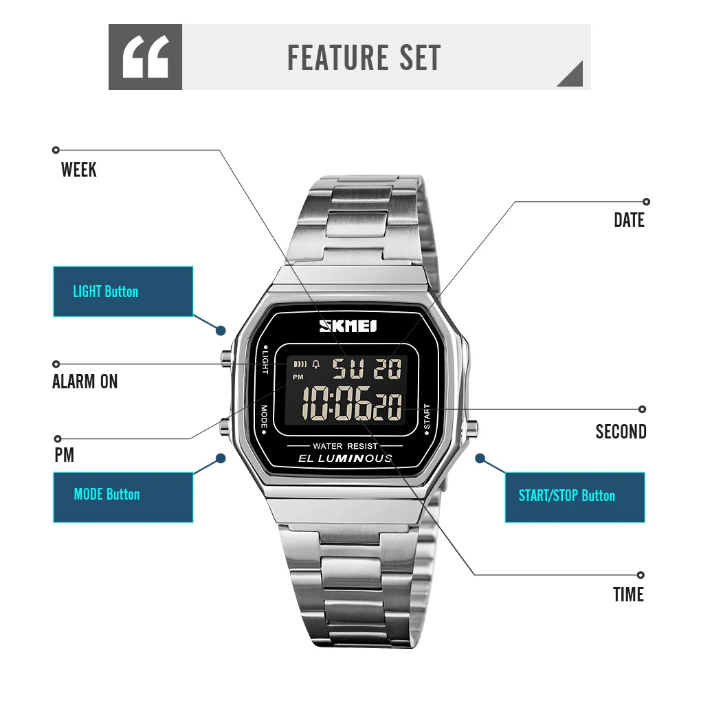 SKMEI 1647 Casual Simple Mens Wristwatches Stainless Steel Band Waterproof Watch Men reloj hombre Retro LED Digital Male Watches image 5