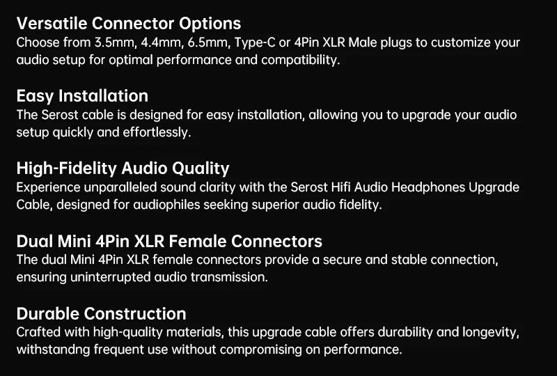Serost Moon HIFI Audio-Kopfhörerkabel mit zwei Mini-4-Pin-XLR-Buchsen und Optionen für Typ-C, 3,5 mm, 4,4 mm, 6,5 mm, 4-Pin-XLR-Stecker. – Detail 1