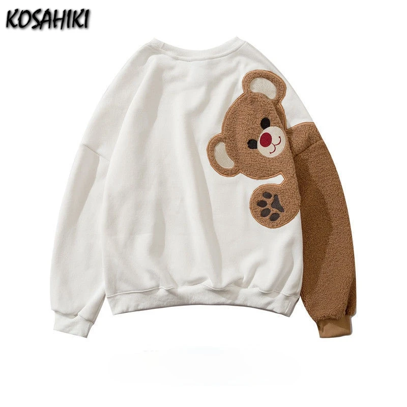 KOSAHIKI Cute Bear Patch Crew Neck Sweatshirt Women 2024 Spring Autumn New Hoodies Couple Unisex Korean Streetwear Tops