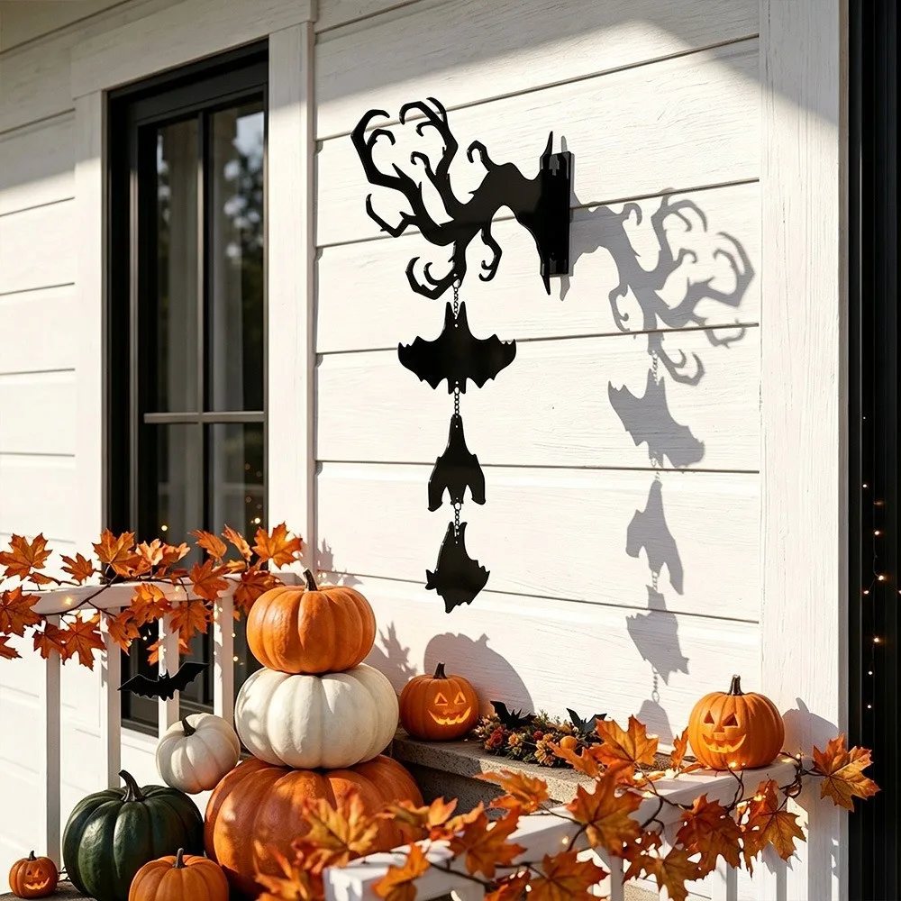 2D Flat Inverted Branch Bat Wind Chime Spooky Gothic Style Halloween Wind Chime with Bell Acrylic Hanging Door Bell Outdoor