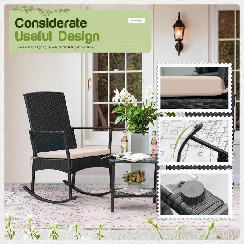 Rocking Chair Outdoor PE Rattan Patio Chairs with Glass Table High Back Porch Rocker for Balcony, Garden, Backyard (Beige)